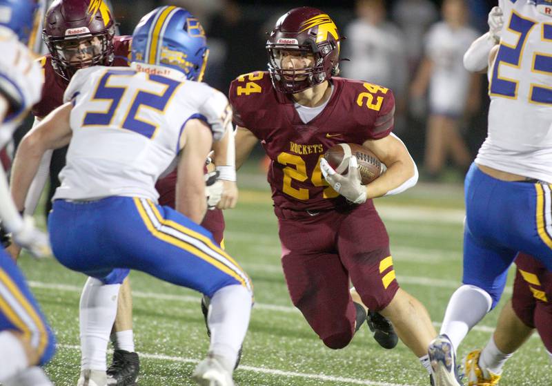 Richmond-Burton’s Hunter Carley runs the ball against Johnsburg in varsity football action on Friday, Sept. 13, 2024, at Richmond-Burton High School in Richmond.