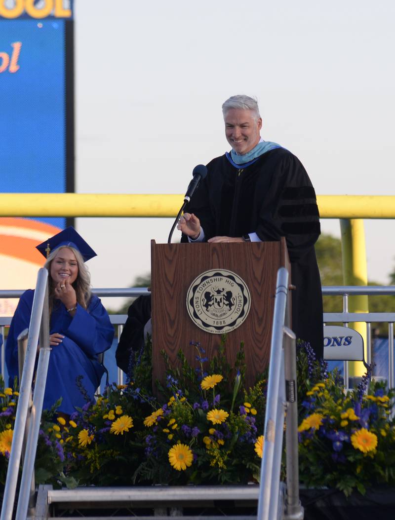 Lyons Township Superintendent Brian Waterman gives a response speech for the class gift of the 2024 graduating class Wednesday May 29, 2024.