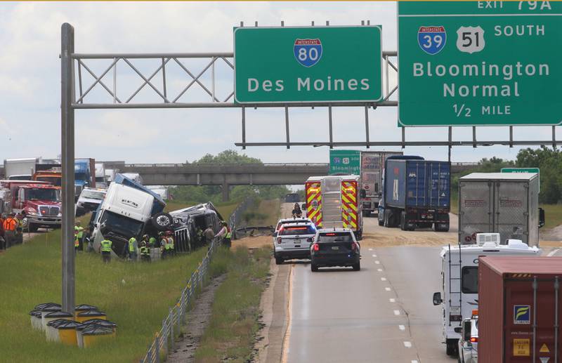 Crews work the scene of a multiple semi truck crash in the eastbound lane of Interstate 80 near the Interstate 39 interchange on Tuesday, May 28, 2024 near Utica. La Salle and Utica Fire and EMS along with Illinois State Police responded to the accident around 12:20p.m. on Interstate 80. Multiple patients were transported to area hospitals.