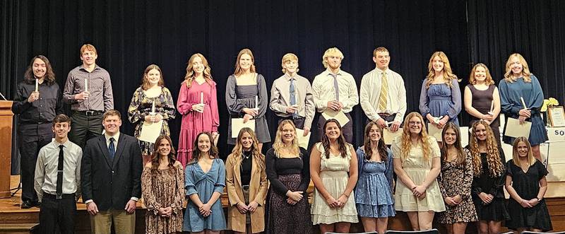 Princeton High School held its 2023-24 NHS Induction Ceremony on Tuesday, Feb. 6. Pictured are (front row, from left) Tyson Phillips, Bennett Williams, Caitlin Meyer, Kelsea Mongan, Sophia Oester, Kambri Fisher, Morgan Richards, Morgan Bartkiewicz, Morgan Foes, Abigail Brown, Anagrace Isaacson, and Adeline Hecht; and (back row) Jacob Knickerbocker, James Starkey, Ellie Welte, Grace Eggers, Ellie Harp, Nolan Kloepping, Ian Morris, Cade Odell, Kamryn Patterson, Norah Schultz and Samantha Woolley.