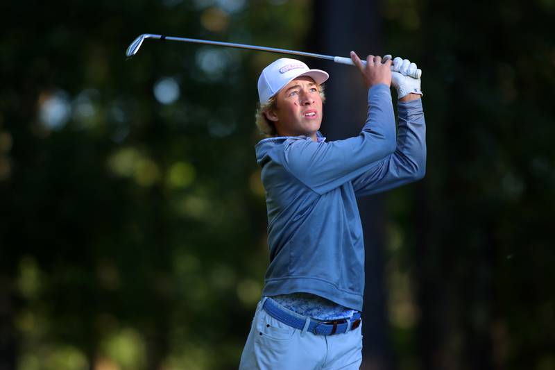 Burlington Central’s Tyler Samaan tees off on hole 17 in Cary-Grove High School 2024 Invitational varsity golf action on Saturday, Sept. 7, 2024, at Foxford Hills Golf Club in Cary.