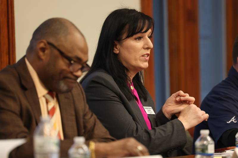 Candidate for Joliet City Council District 5 Suzanna Ibarra answers a question at a forum for the candidates at the Joliet Public Library on Thursday, March 16th, 2023 in Joliet.