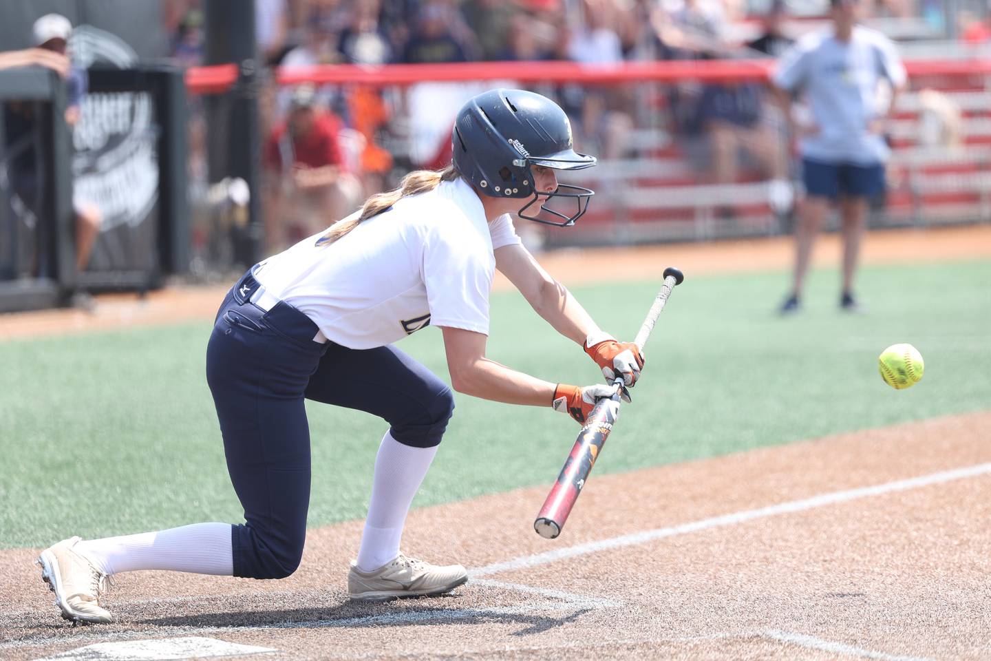 Lemont’s Nicole Pontrelli lays down a successful bunt in the 12th inning against Antioch in the Class 3A state championship game on Saturday, June 10, 2023 in Peoria.