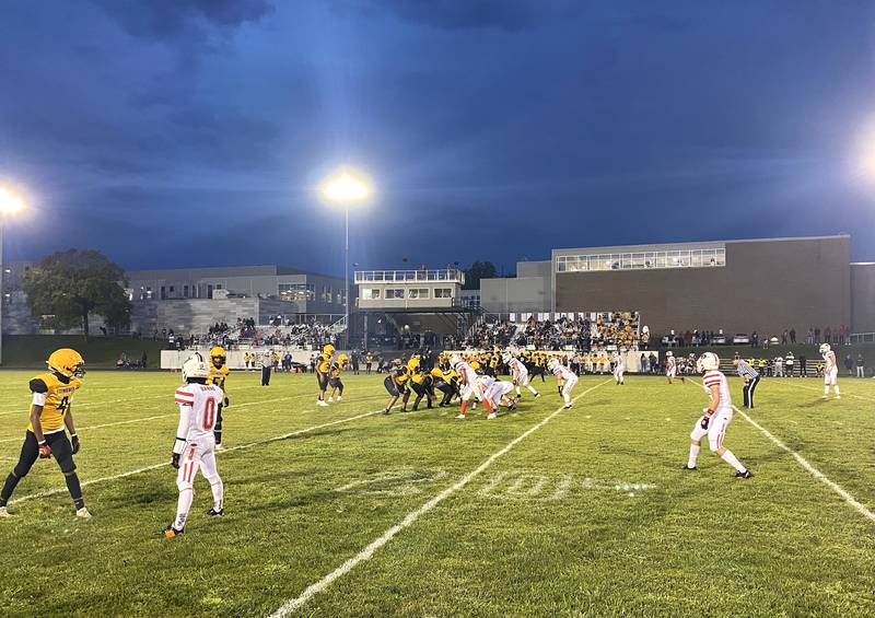 The Streator Bulldogs defense, at right, lines up against Decatur Eisenhower in the first half Friday, Aug. 30, 2024, in Decatur.