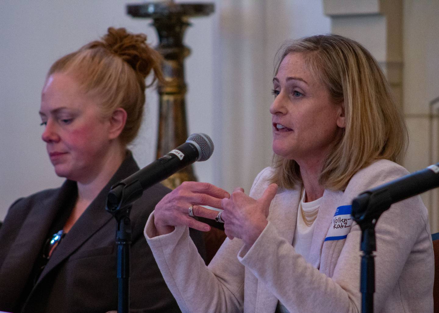 Jennifer Vollen-Katz (right), executive director of the John Howard Association, and Stephanie Kollmann, policy director at the Children and Family Justice Center within the Northwestern Bluhm Legal Clinic, speak at an Illinois Justice Project reentry event in Chicago in April. Vollen-Katz said local economies should not hinge on the existence of prisons.