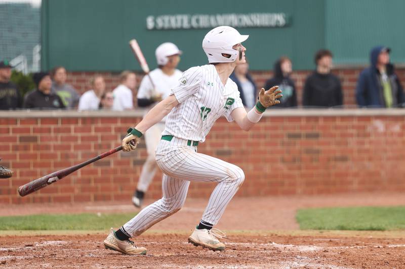 Providence’s Jackson Smith drives in a two run double against Lincoln-Way East on Saturday, May 6, 2023 in New Lenox.