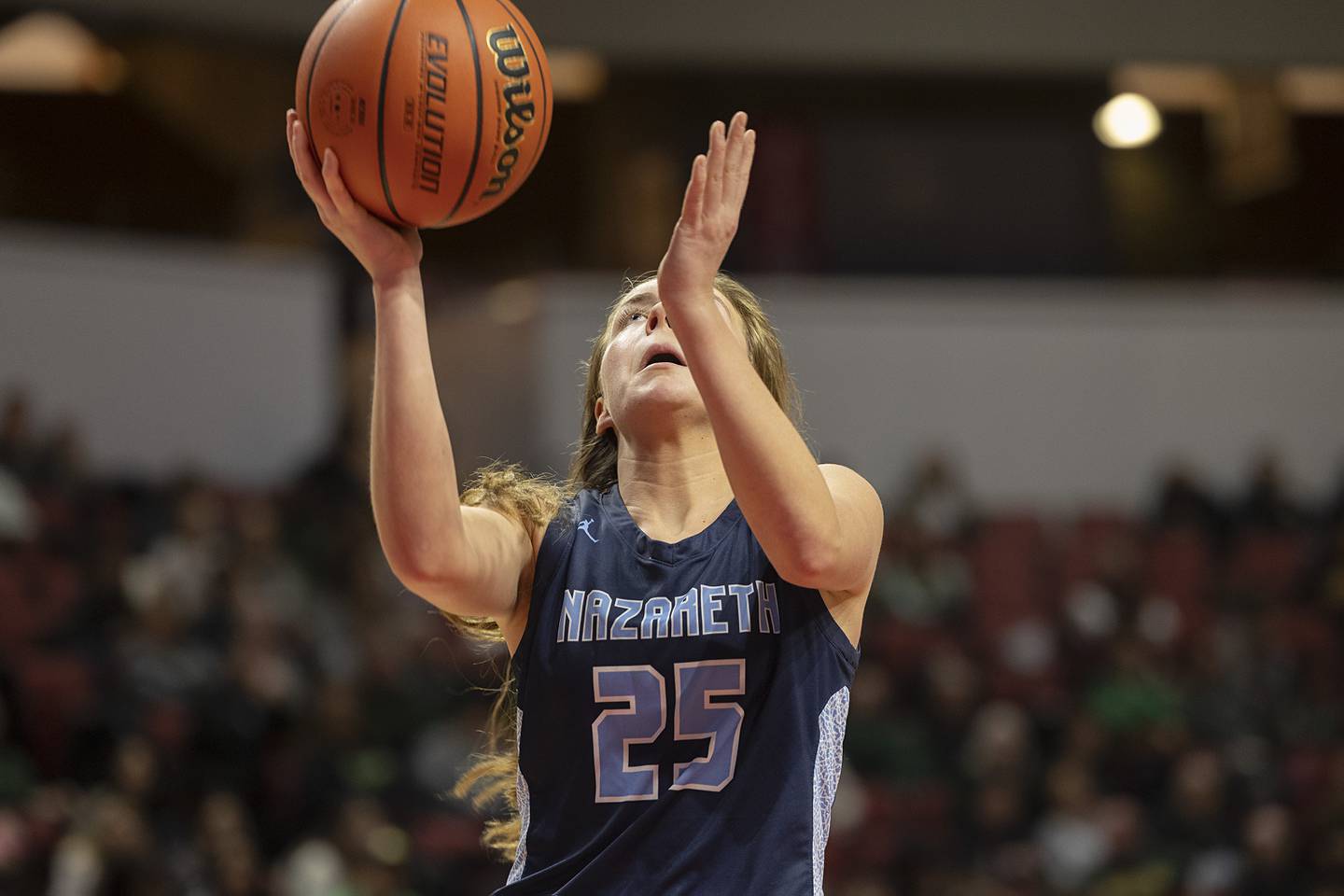 Nazareth Academy’s Amalia Dray puts in a shot against Waubonsie Valley Friday, March 1, 2024 in the girls basketball 4A state semifinal at CEFCU Arena in Normal.