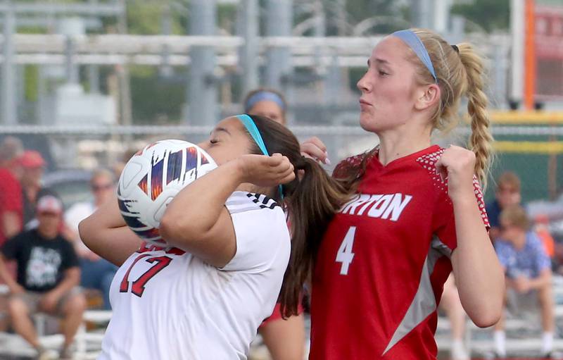 Streator's Abby Calderon gets in front of Morton's Dru Muchler to knock the ball down during the Class 2A Regional semifinal game on Wednesday, May 15, 2024 at the L-P Athletic Complex in La Salle.