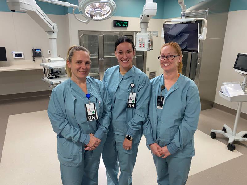 Registered Nurses Lisa Clements (from left), Jessica Jessen, and Heather Goode are pictured in one of the new state-of-the-art endoscopy rooms that’s part of Morris Hospital’s $13.2 million perioperative services renovations.