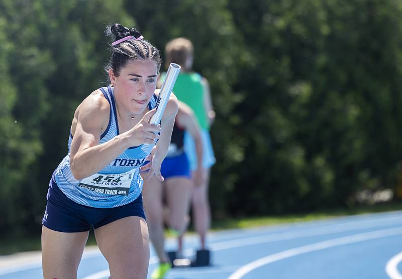 Bureau Valley’s Connie Gibson takes off from the blocks in the 1A 4x200 Saturday, May 18, 2024 at the IHSA girls state track meet in Charleston.