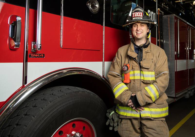 Geneva firefighter paramedic Kristofer Leeseberg poses for a photo at Geneva Fire Department Station One on Saturday, March 23, 2024.