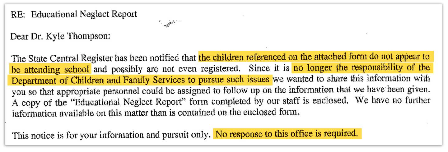 The Department of Children and Family Services forwards educational neglect claims made to its hotline to regional offices of education handling truancy, stating educational officials need not report findings back.