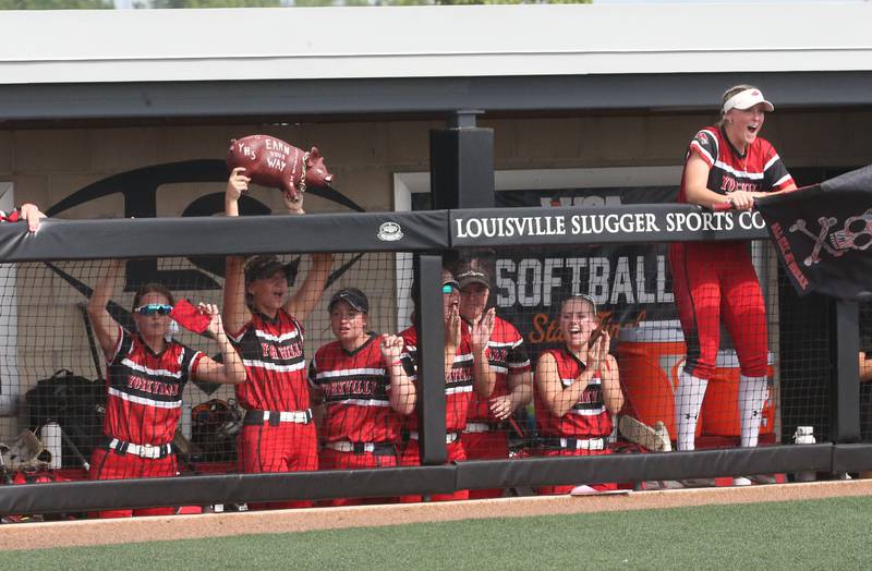 Members of the Yorkville softball team react from the dugout after scoring a run against Oak Park-River Forest during the Class 4A State semifinal softball game on Friday, June 9, 2023 at the Louisville Slugger Sports Complex in Peoria.