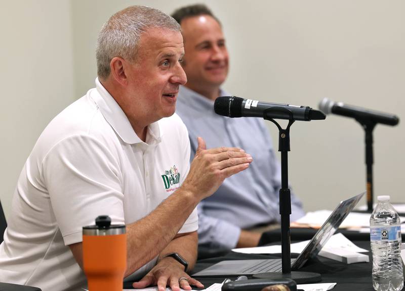 DeKalb Mayor Cohen Barnes talks Monday, July 10, 2023, at the DeKalb City Council meeting about Elijah Livingston prior to telling him his wish was granted by Make-A-Wish Illinois and presenting him with a key to the city.