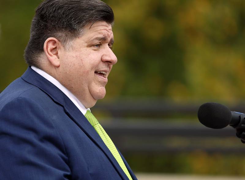 Illinois Gov. JB Pritzker speaks at the long awaited opening of Longmeadow Parkway over the Fox River Thursday, Aug. 29, 2024 in Algonquin.