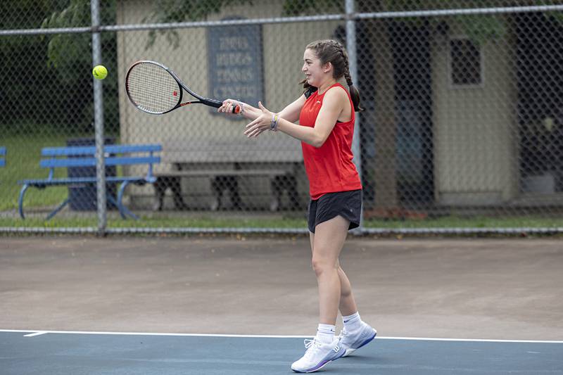 Jenna Mustapha plays a shot Wednesday, July 27, 2023 while playing mixed doubles in the Emma Hubbs Tennis Classic in Dixon.