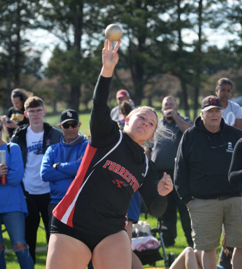 Forreston-Polo's Sydni Badertscher throws the shot put at the 1A Oregon Sectional on Friday. May 10, 2024. Badertscher finished second with a throw of 11.26 meters, 36' 11.5" to qualify for next week's state meet at Eastern Illinois University in Charleston.