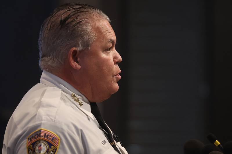 Joliet Police Chief Bill Evans speaks at the press conference to give updates on the mass shooting on the 2200 block of  West Acres Road on Sunday at Joliet City Hall on Tuesday, Jan. 23 in Joliet.  Seven people were killed in two homes. Another person was shot to death in Joliet Township that same day.