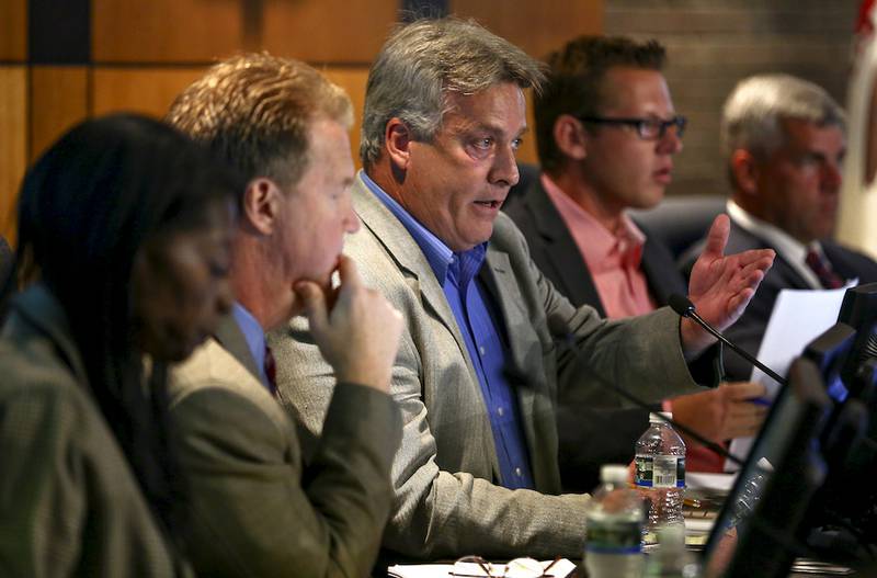 Councilman Larry Hug speaks to members of the Holsten Management Corporation Monday during a special City Council meeting in Joliet.