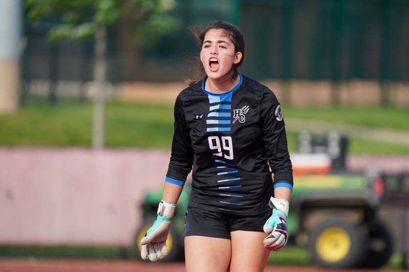 Hinsdale Central's Emeline McClenahan (99) shouts instructions to her defense during a Class 3A Hinsdale Central Sectional semifinal soccer match against Lyons at Hinsdale Central High School in Hinsdale on Tuesday, May 21, 2024.