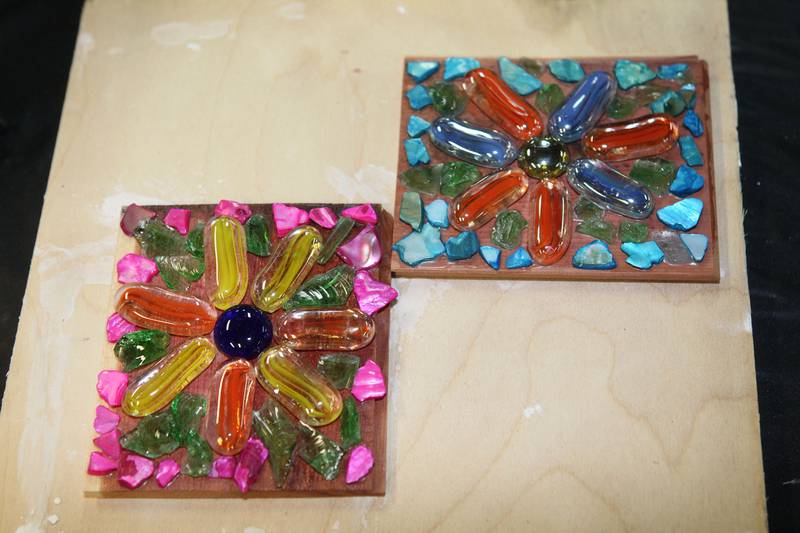 Different examples of mosaics using stones, rocks and glass were on display before grout was applied during a Mosaic class at the Antioch Academy of Art & Museum on Tuesday, September 5th in Antioch.
Photo by Candace H. Johnson for Shaw Local News Network