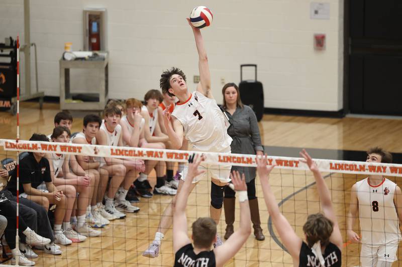 Lincoln-Way West’s Colin Dargan hits a shot against Plainfield North on Monday, March 18, 2024 in New Lenox.