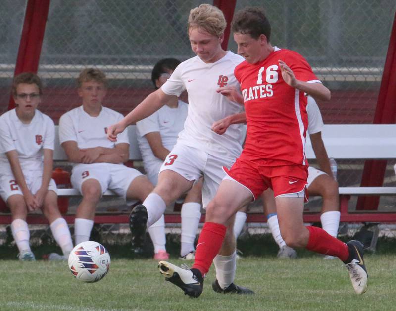 L-P's Tyler Spelich and Ottawa's Ian Fulkerson race to the ball during the game on Thursday, Sept. 5, 2024 at King Field.