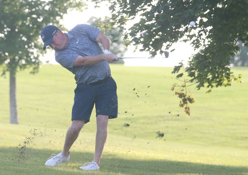 Alex Blumenshine hits his ball toward the 18th hole during the Illinois Valley Mens Golf Championship on Sunday, July 28. 2024 at Mendota Golf Club.