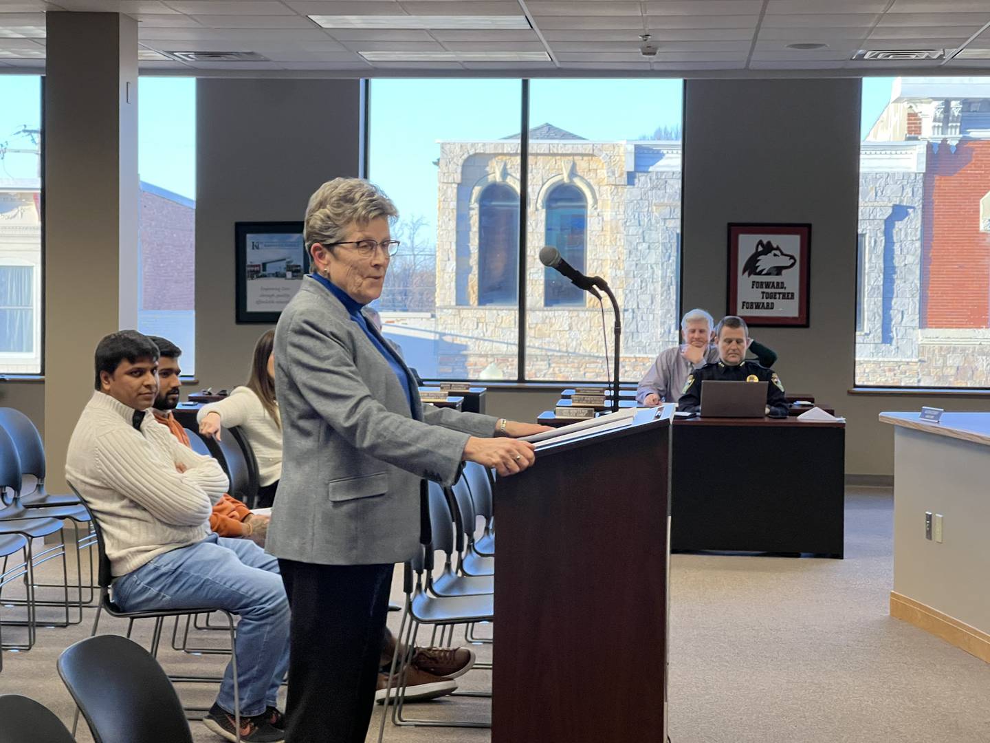 Sycamore 1st Ward Alderwoman Alicia Cosky talks to Sycamore City Council on March 18, 2024, about creating an outdoor mural in downtown Sycamore.