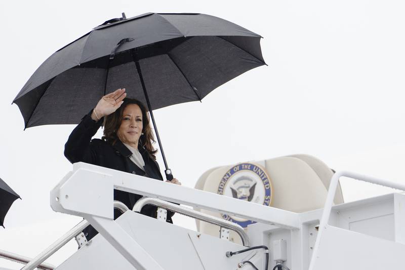 Vice President Kamala Harris boards Air Force Two, Monday, July 22, 2024 at Andrews Air Force Base, Md.  (Erin Schaff/The New York Times via AP, Pool)