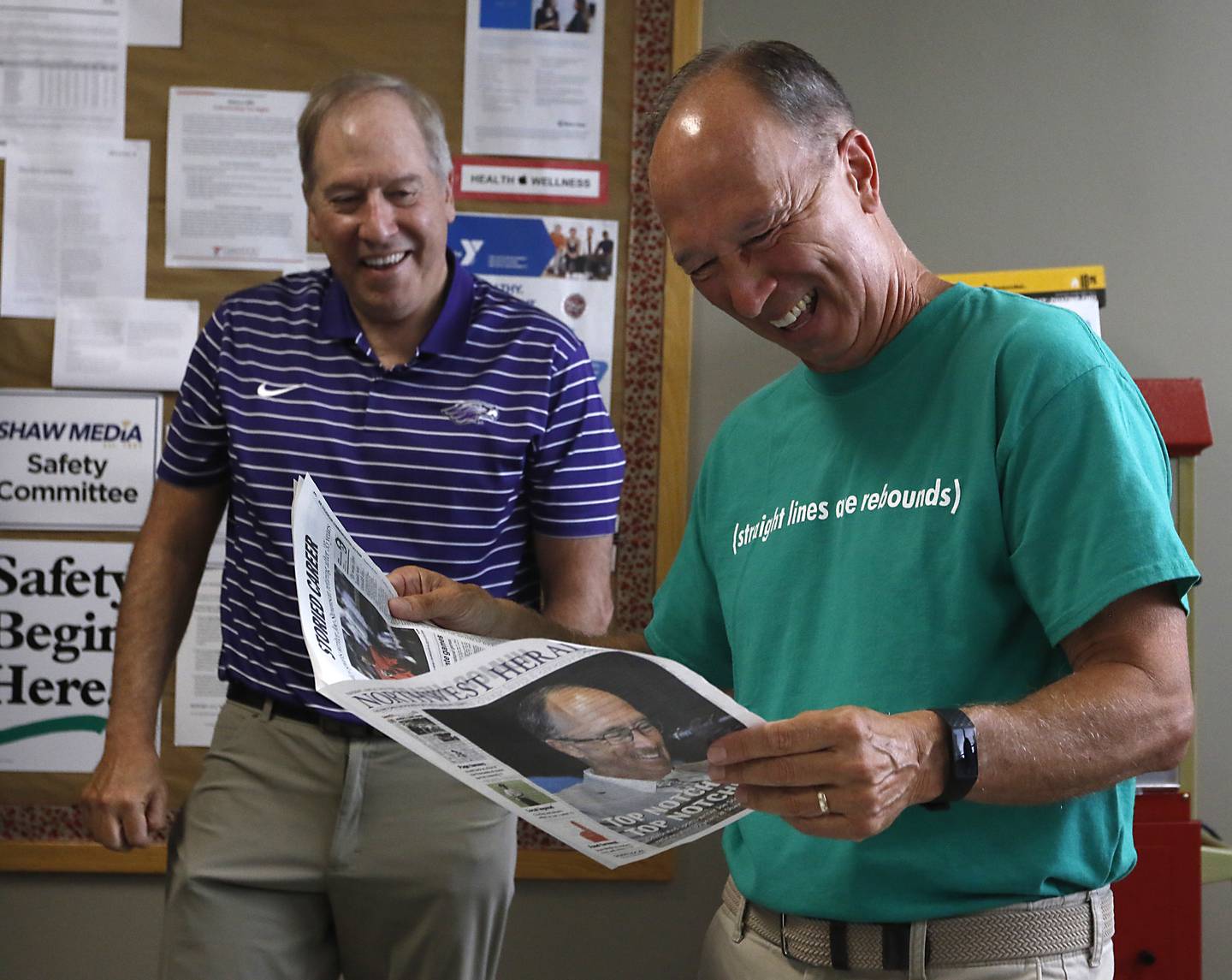 Northwest Herald sports reporter Joe Stevenson, right, was celebrated during his retirement party on June 25, 2024, after working for Shaw Media for 35 years. At left is Shaw Media President and CEO John Rung.