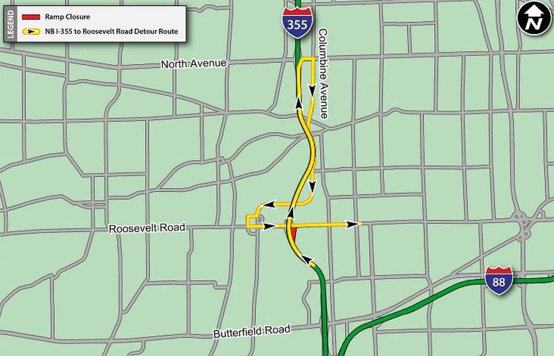 During the week of May 27, lane closures and traffic shifts are scheduled to begin on the ramps connecting southbound I-355 to Roosevelt Road and Roosevelt Road to northbound I-355.