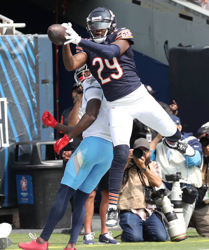 Chicago Bears cornerback Tyrique Stevenson defends a pass intended for Tennessee Titans wide receiver Calvin Ridley during their game Sunday, Sept. 8, 2024, at Soldier Field in Chicago. The Bears were offsides on the play resulting in a first down.