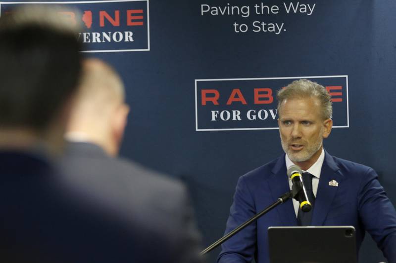 Gary Rabine gives his official announcement for his candidacy for governor of Illinois on Tuesday, March 30, 2021, at The Rabine Group in Schaumburg