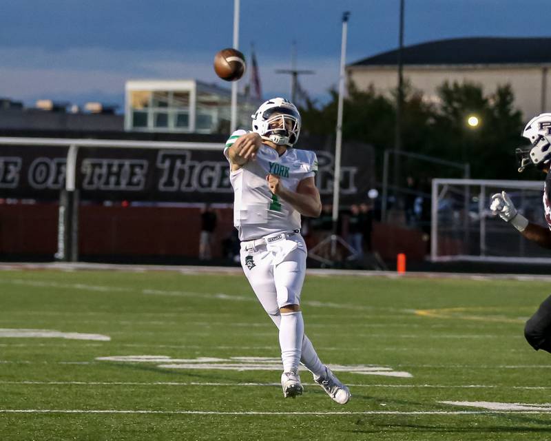 York's Bruno Massel (1) launches a pass during a football game between York at Plainfield North on Friday, Sept 6th, 2024 in Plainfield. Gary E Duncan Sr for Shaw Local News Network.