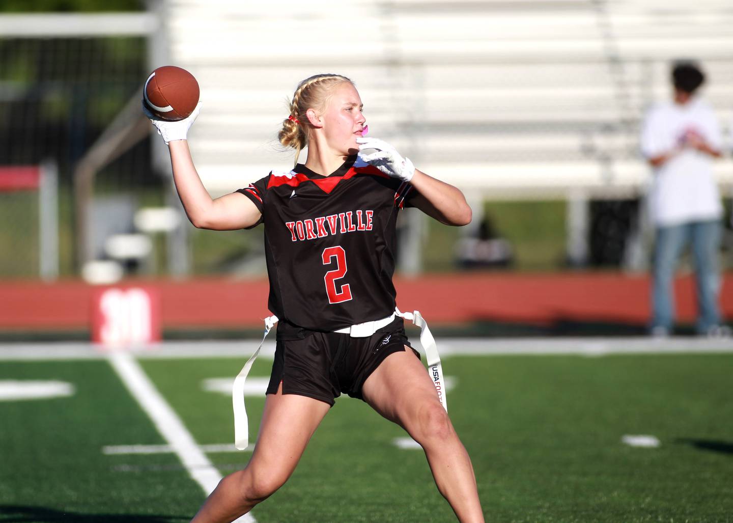 Yorkville’s Brooke Ekwinski throws the ball during a flag football game Wednesday, Sept. 4, 2024 against West Aurora in Yorkville.