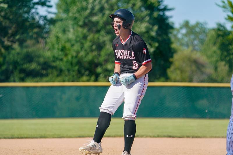 Hinsdale Central's Patrick Connors (5) reacts after hitting a triple against Oswego during a Class 4A Waubonsie Valley Regional semifinal baseball game at Waubonsie Valley High School in Aurora on Wednesday, May 22, 2024.