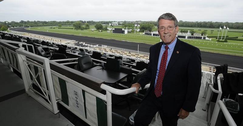 Arlington Heights Mayor Tom Hayes, shown at the former Arlington Park racetrack in 2021, suggested that the village board could end up rejecting the Chicago Bears' redevelopment plans for Arlington Park. It remained up in the air in 2024, the year the racetrack was torn down.