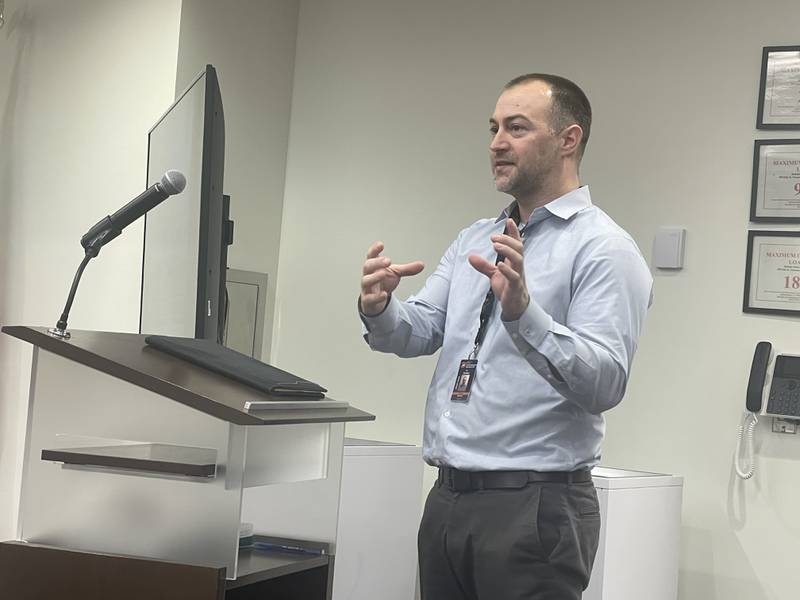 Kyle Gerdes, DeKalb School District 428's director of student services, speaks at the Feb. 20, 2024 meeting of the DeKalb Planning and Zoning Commission.