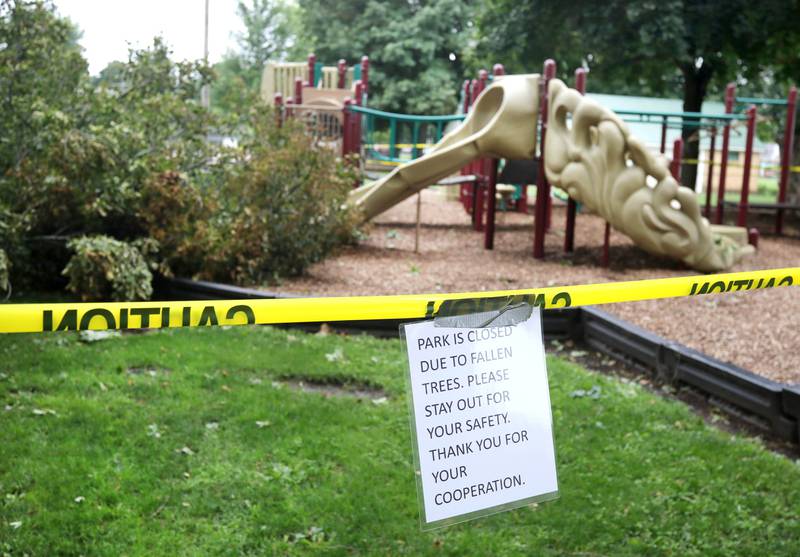 An uprooted tree lies near the playground at Chamberlain Park in Genoa Tuesday, July 16, 2024, after it fell during the severe thunderstorm Monday night. The storm caused localized damage and flooding throughout DeKalb County.