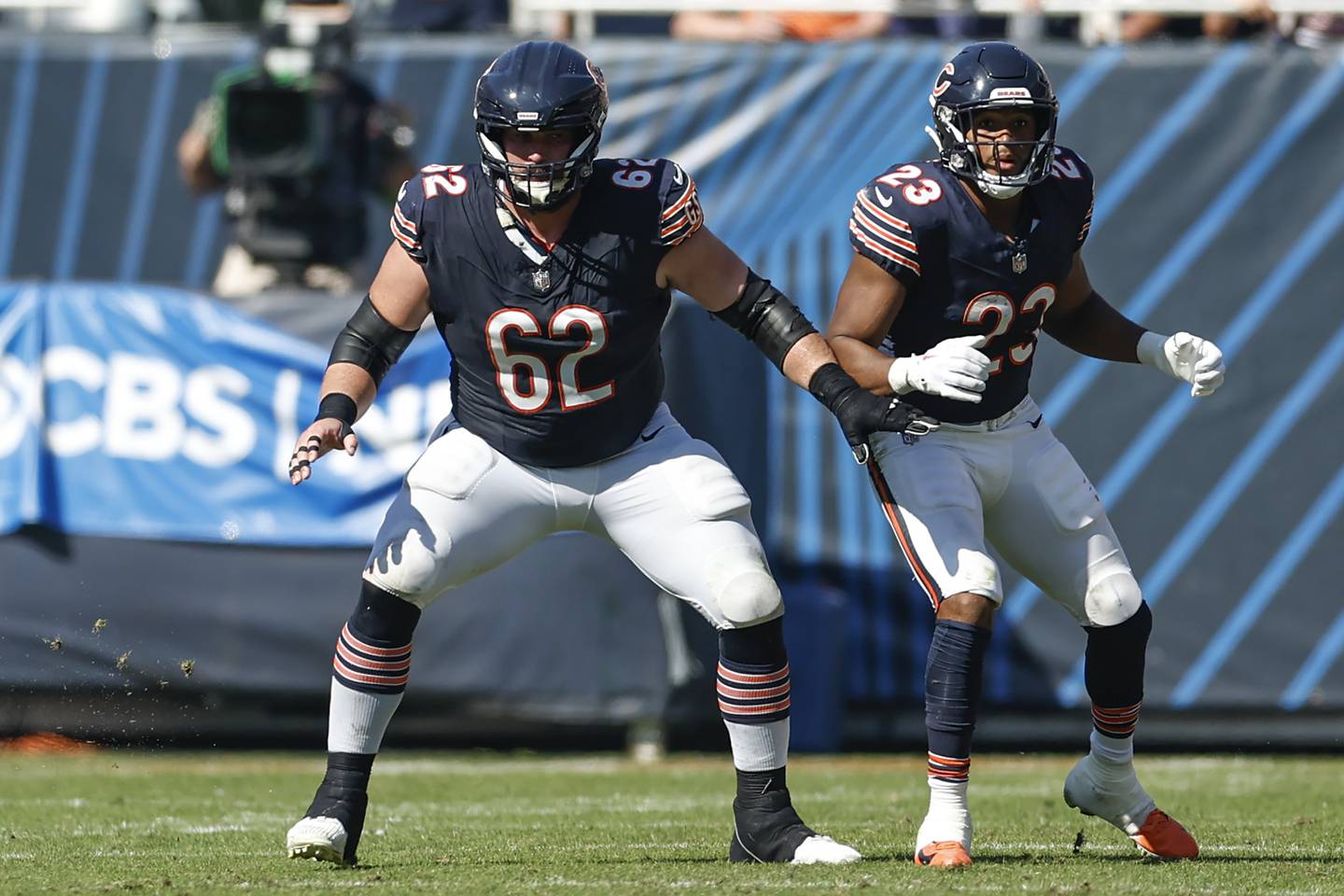 Chicago Bears guard Lucas Patrick blocks against the Denver Broncos during the second half, Sunday, Oct. 1, 2023, in Chicago.