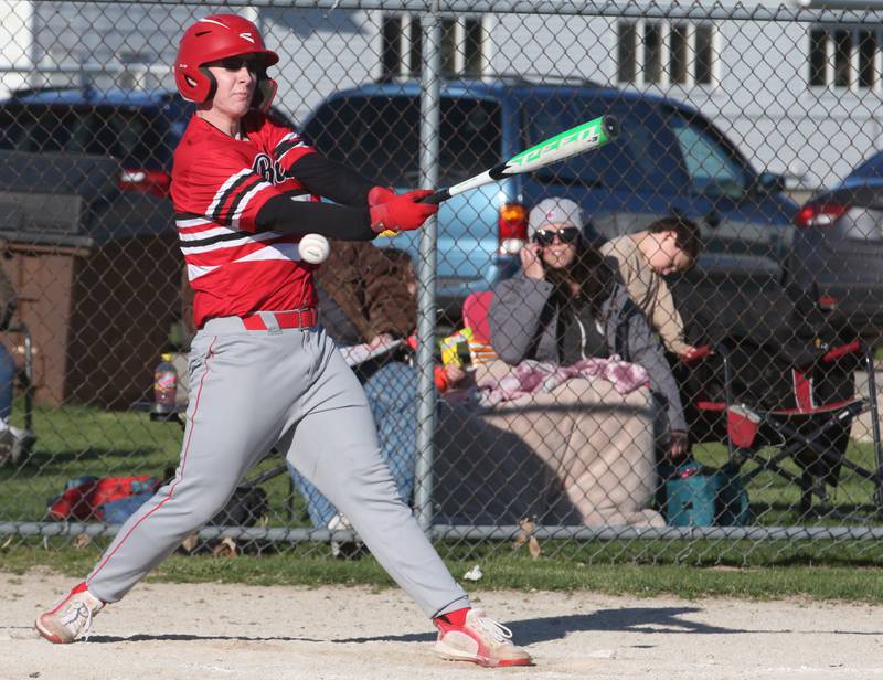 Earlville's James Henne striks out swinging during a pitch from Somonauk on Friday, April 12, 2024 at Earlville High School.