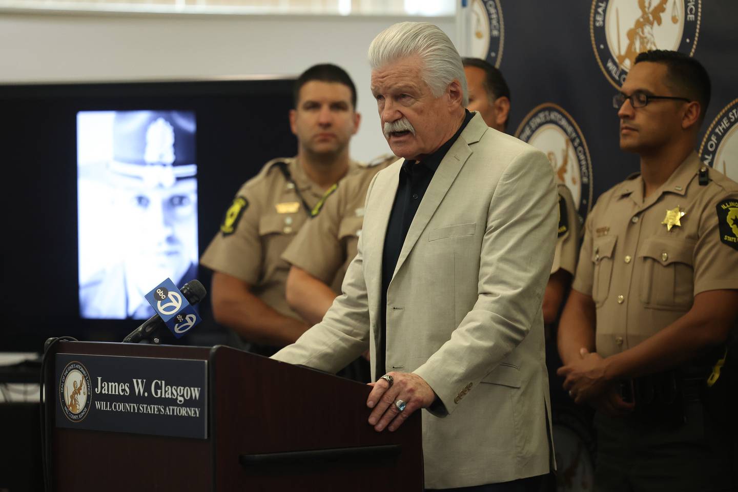 Will County State’s Attorney Jim Glasgow speaks at a media conference on the sentencing of Angel Casillas for the 2021 crash that left State Trooper Brian Frank severely injured at the Will County State Attorney Office on Tuesday, Sept. 5, 2023 in Joliet.