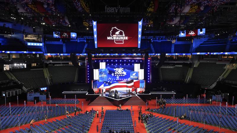 A general view during rehearsals at the 2024 Republican National Convention at the Fiserv Forum, Sunday, July 14, 2024, in Milwaukee. (AP Photo/Paul Sancya)