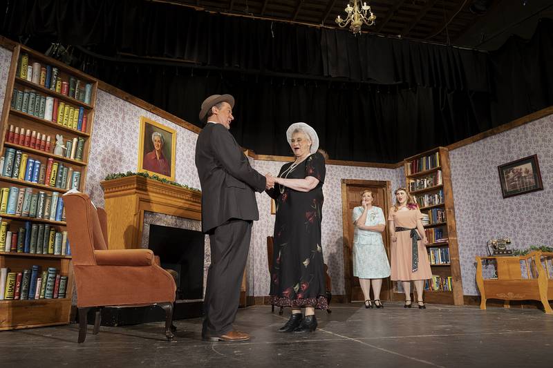 John Chase, playing the part of Ellwood Dowd rehearses a scene with Mary Jo Frederick, playing Ethel Chauvenet, in PACT’s rendition of “Harvey” Wednesday, May 1, 2024. PACT will perform the show May 3, 4 and 10 at 7pm and May 5 and 11 at 2pm at the Polo City Hall theater.