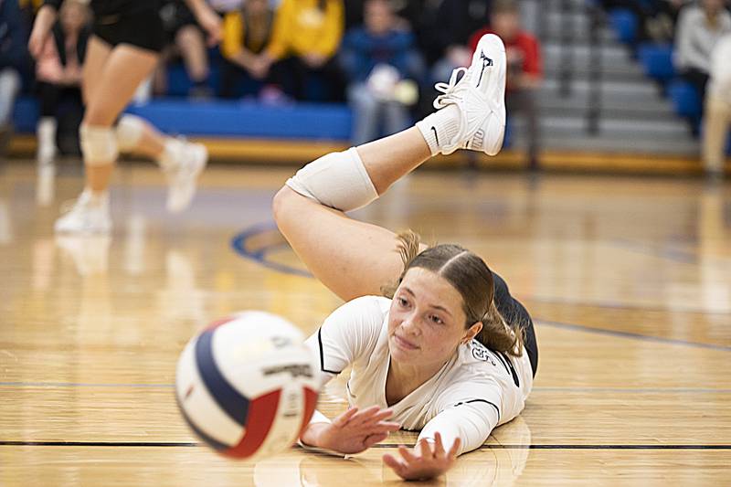 Fulton’s Reese Germann dives for a shot against Le-Win Monday, Oct. 30, 2023 at the Eastland 1A volleyball sectional.