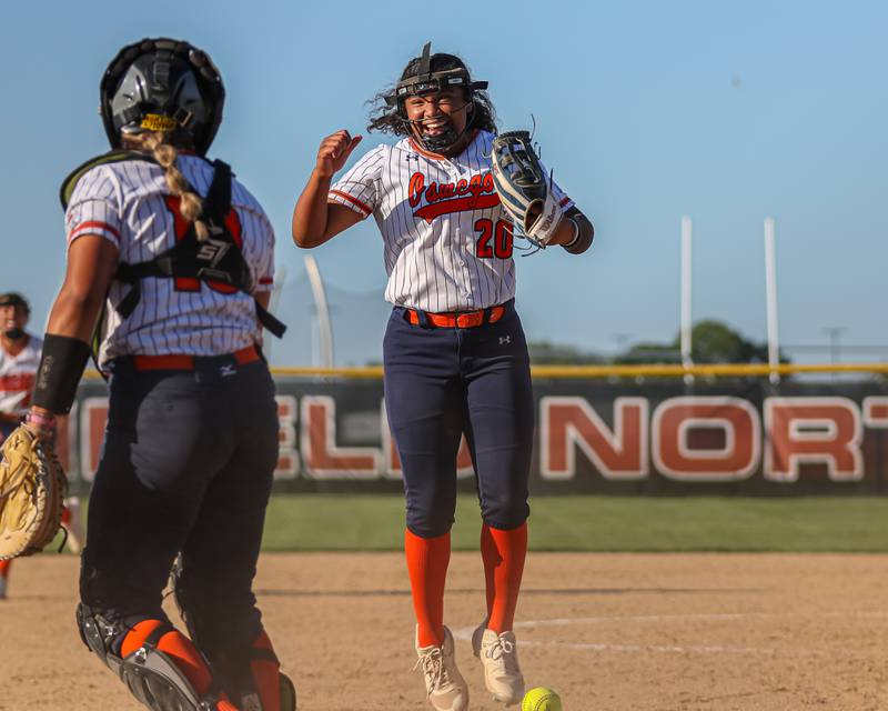 Oswego's Jaelynn Anthony (20) celebrates getting out of a bases loaded situation during Class 4A Plainfield North Sectional semifinal softball game between Wheaton-Warrenville South at Oswego. May 29th, 2024.