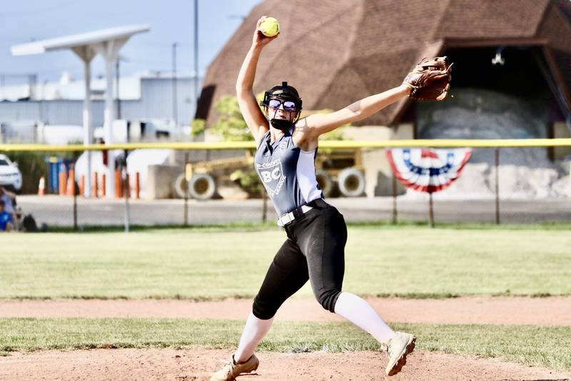 Kennedy Holocker makes her pitch for the Bi-County All-Stars in the Junior League Softball State Tournament on Saturday in Burbank. Bi-County was eliminated with a 4-0 loss to Kaneland.