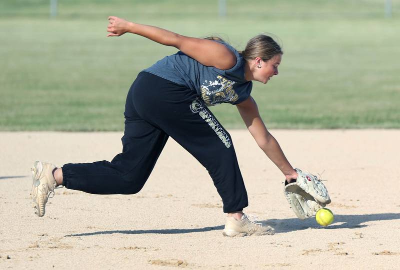 Addison Dierschow, a Kishwaukee Valley Storm 17u and Sycamore High School softball player, reaches for a grounder Wednesday, June 26, 2024, during 17u practice at the Sycamore Community Sports Complex. The team is preparing for this weekend’s Storm Dayz softball tournament at the complex which draws dozens of teams from throughout the area.