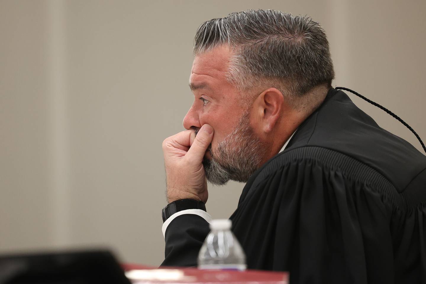 Will County Judge Dave Carlson listens to the defense attorneys during the Drew Peterson hearing at the Will County courthouse on Monday, April 1, 2024 in Joliet.